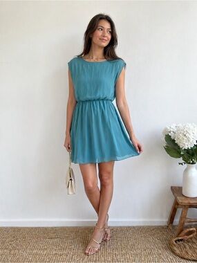 Lush Teal Turquoise Chiffon Mini Dress XS Flowy Elastic Waist Sheer Overlay